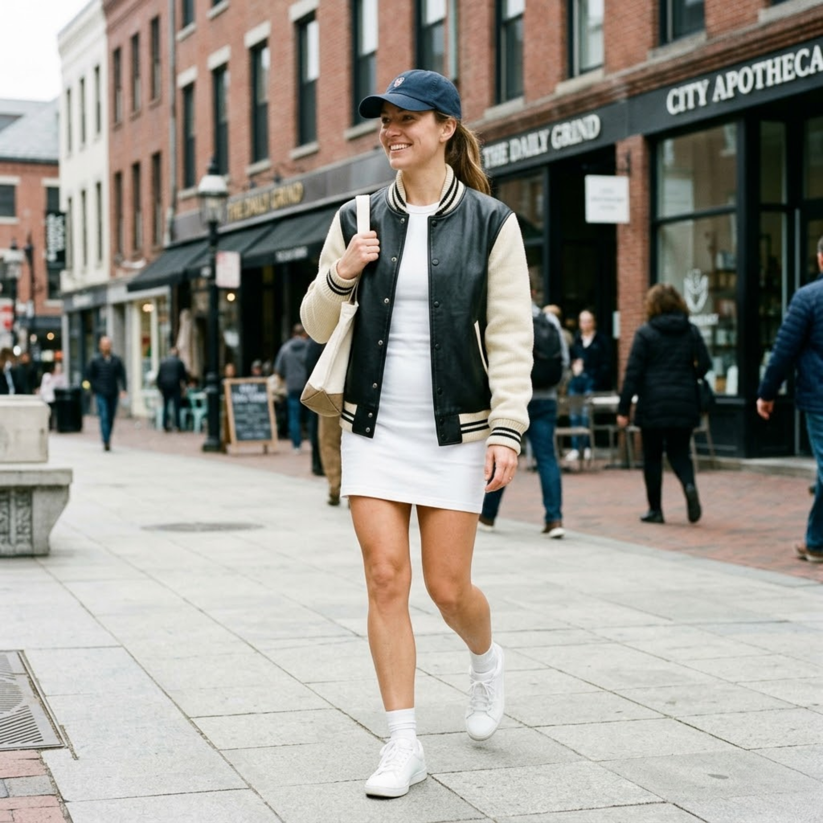 Woman wearing black and cream leather varsity jacket over a white jersey dress with white sneakers and baseball cap