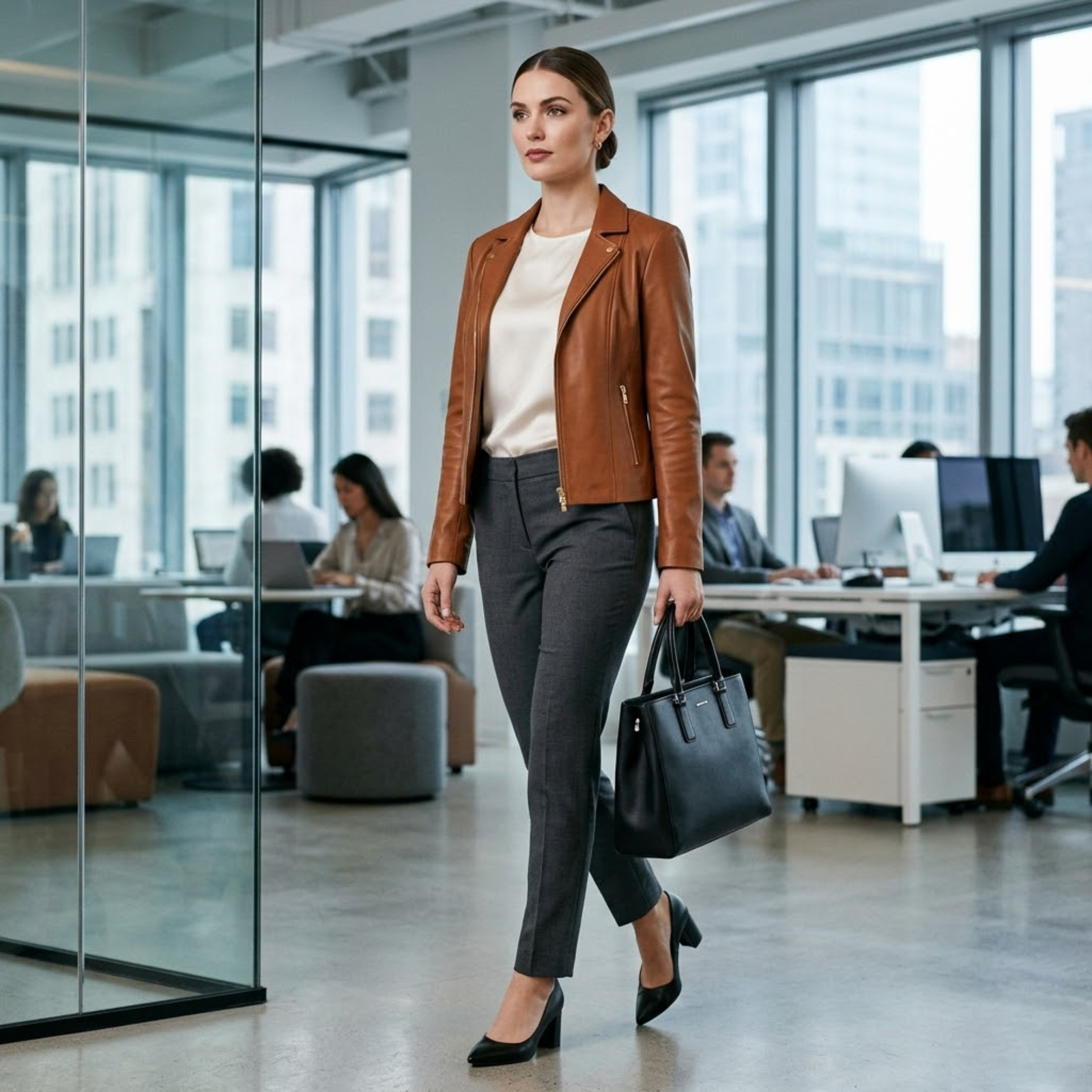 Woman wearing polished cognac leather jacket over ivory silk blouse with tailored slim trousers and pointed-toe heels in office setting