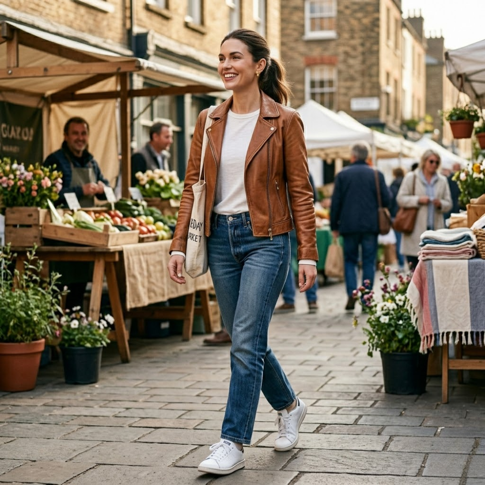 Woman with a natural smile wearing a well-loved leather jacket with natural patina over jeans and a white t-shirt on a sunny Saturday morning