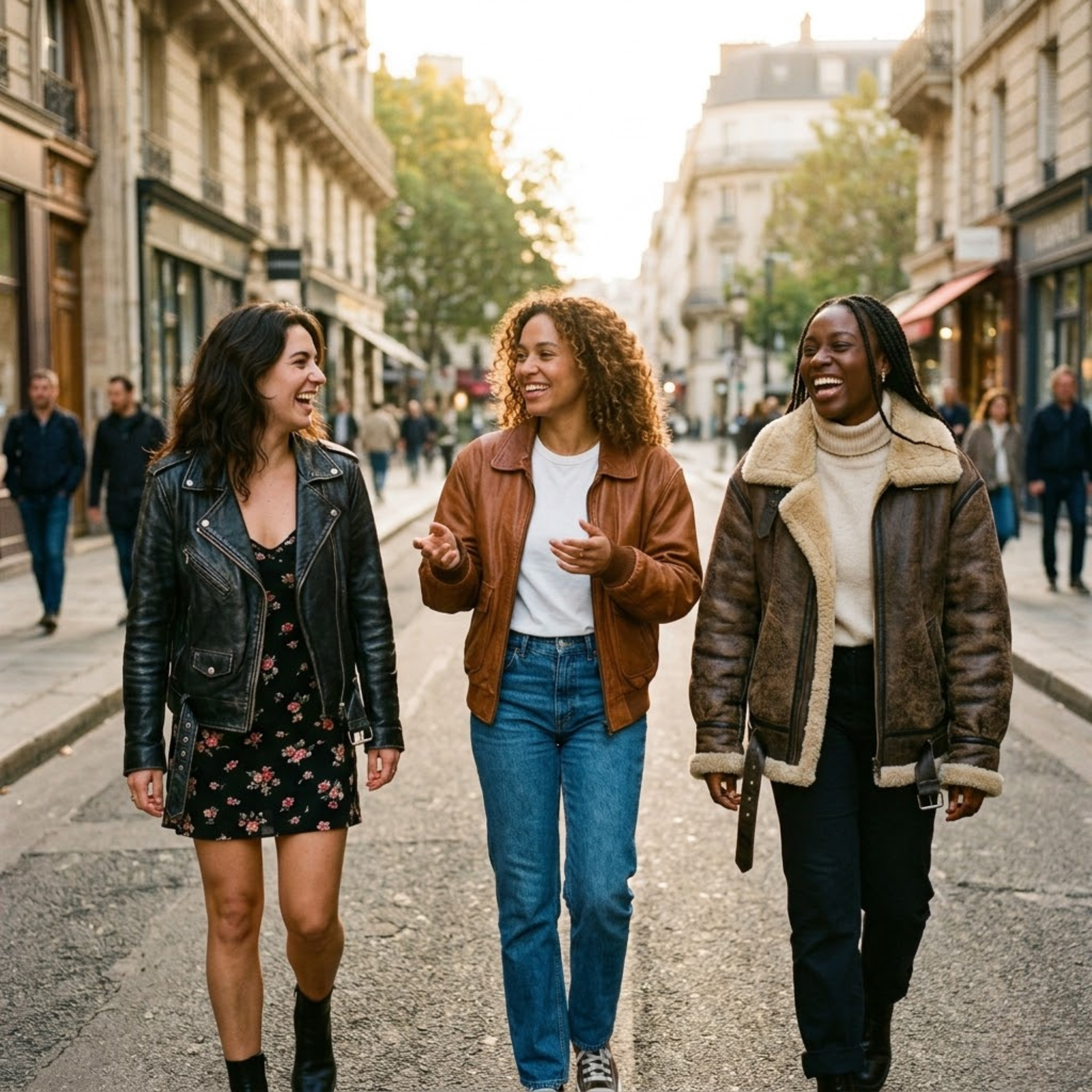 Three women each wearing a different leather jacket style - biker, bomber, and shearling - in a natural city setting