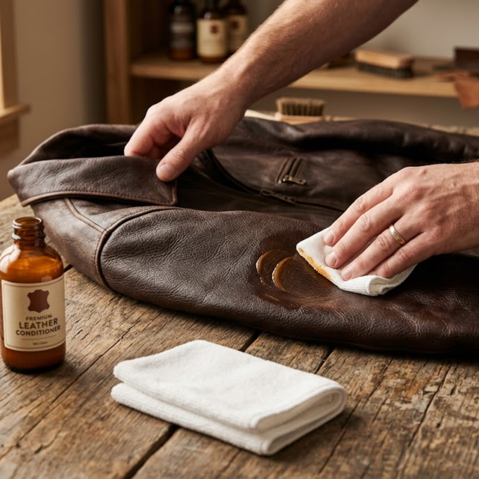 Man applying leather conditioner to a brown leather jacket using a white microfiber cloth on a flat wooden surface