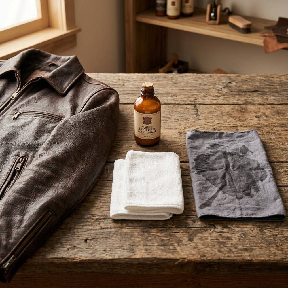 Leather conditioner, two microfiber cloths, and a damp cloth laid out on a wooden surface ready for leather jacket conditioning