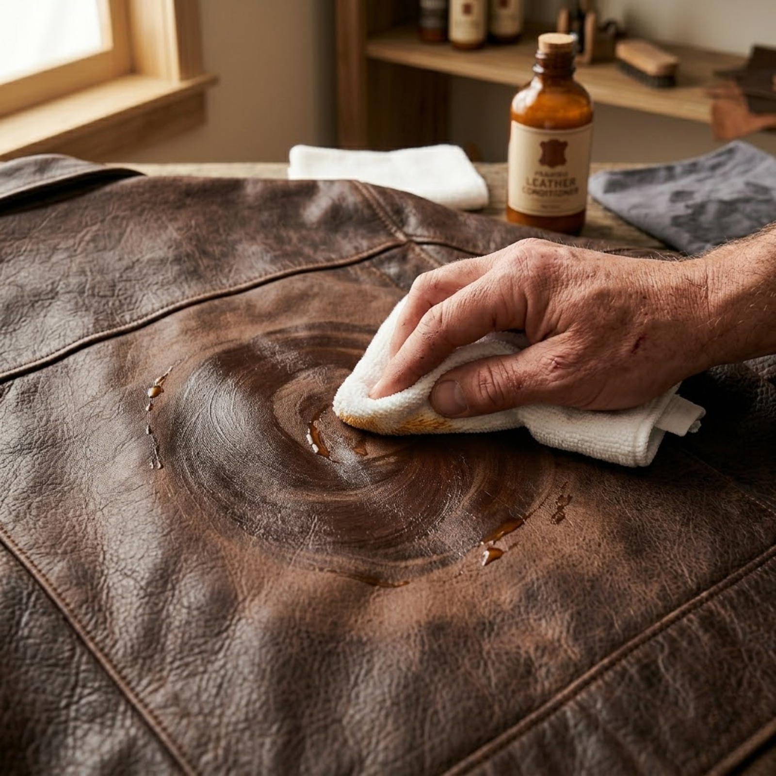 Close up of a hand applying leather conditioner to a brown cowhide jacket surface using a circular motion with a white microfiber cloth