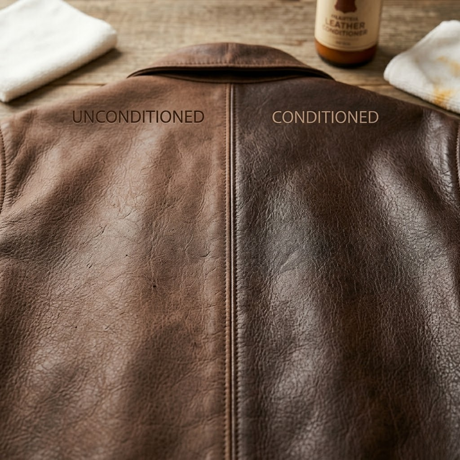 Side by side comparison of a conditioned and unconditioned leather jacket panel showing the difference in surface depth and richness after conditioning