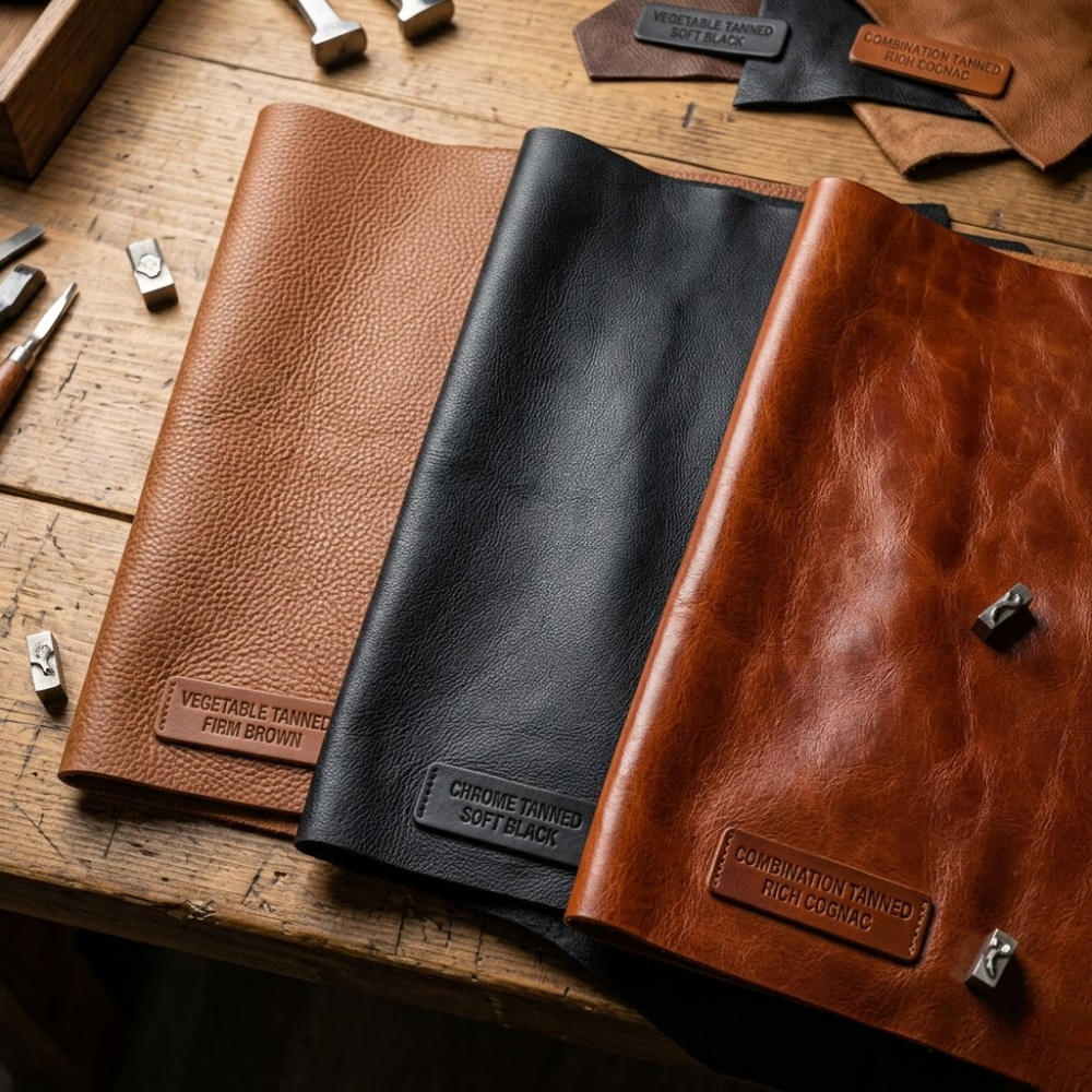 Three goatskin leather jacket panels showing different tanning results: vegetable tanned firm brown, chrome tanned soft black, and combination tanned rich cognac