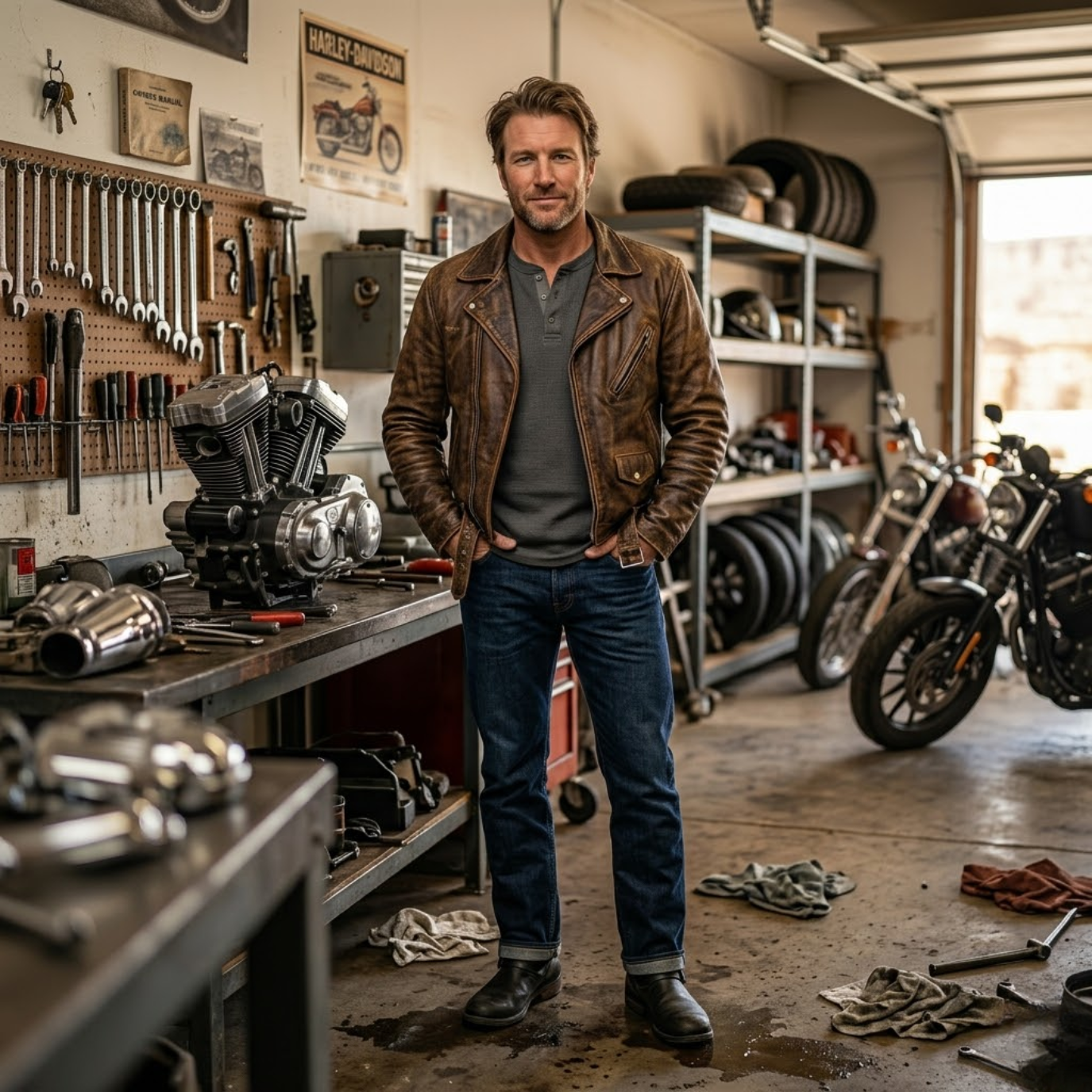 Authentic biker style 2026 — SnagLeather style guide Man wearing a brown full grain cowhide biker leather jacket over a plain henley shirt with straight dark denim and leather boots in a garage setting
