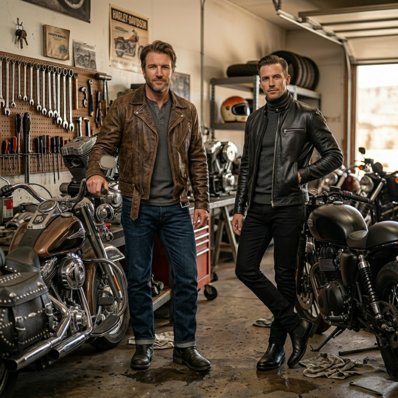 Biker culture style variations in 2026 — SnagLeather guide Two men in different biker styles side by side — left in traditional HD heritage look with brown leather and engineer boots, right in cafe racer look with slim black leather and Chelsea boots