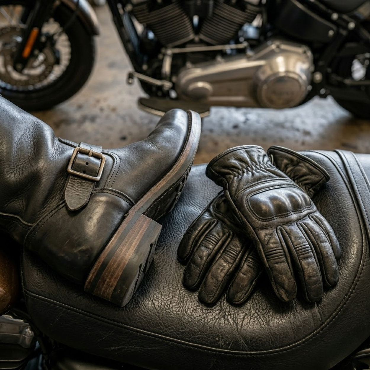 Biker style boots and gloves — SnagLeather complete look guide Close up of leather biker boots with stacked heel and engineer strap detail alongside a pair of leather riding gloves on a motorcycle seat
