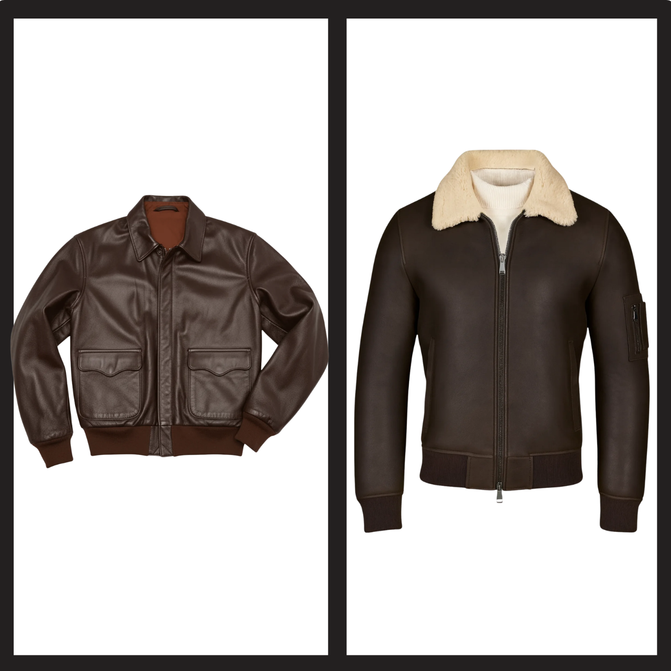 SnagLeather Flying Tigers horsehide flight jacket and Pilot Shearling Bomber side by side showing the heritage WWII design details including ribbed cuffs and shearling collar