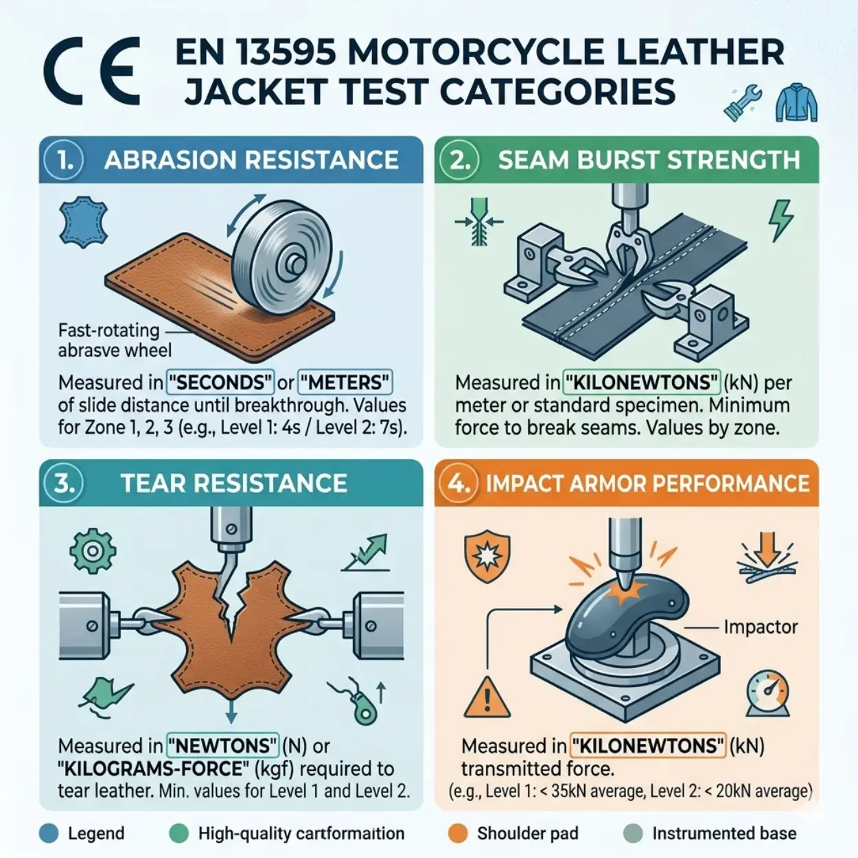 CE EN 13595 motorcycle jacket safety standard explained — SnagLeather guide Diagram showing the four CE EN 13595 test categories for motorcycle leather jackets including abrasion resistance seam strength tear resistance and armor impact protection with measurement units