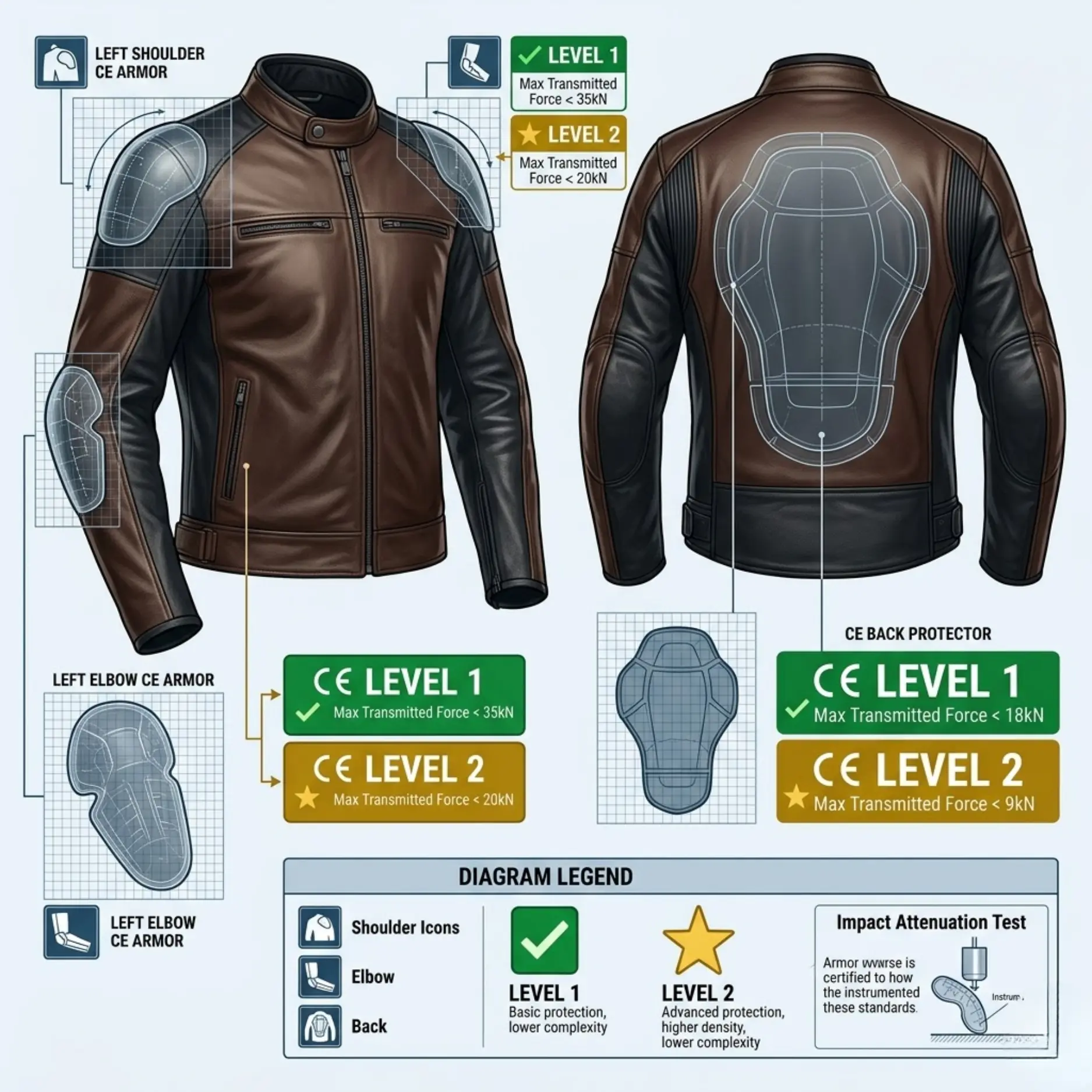 CE armor positions on a motorcycle leather jacket — SnagLeather safety guide Diagram of a motorcycle leather jacket showing the five CE armor pocket positions at both shoulders both elbows and the back with Level 1 and Level 2 impact rating labels