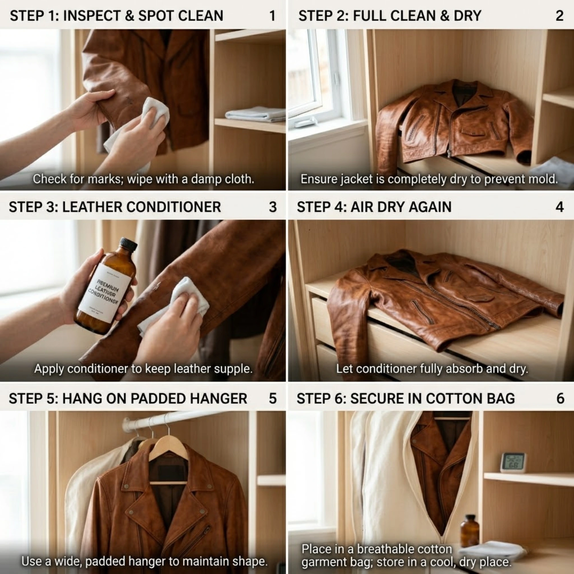 Leather jacket seasonal storage routine — SnagLeather step by step guide Six-step leather jacket seasonal storage process showing clean surface conditioning hanging on padded hanger and covering with cotton garment bag in a wardrobe