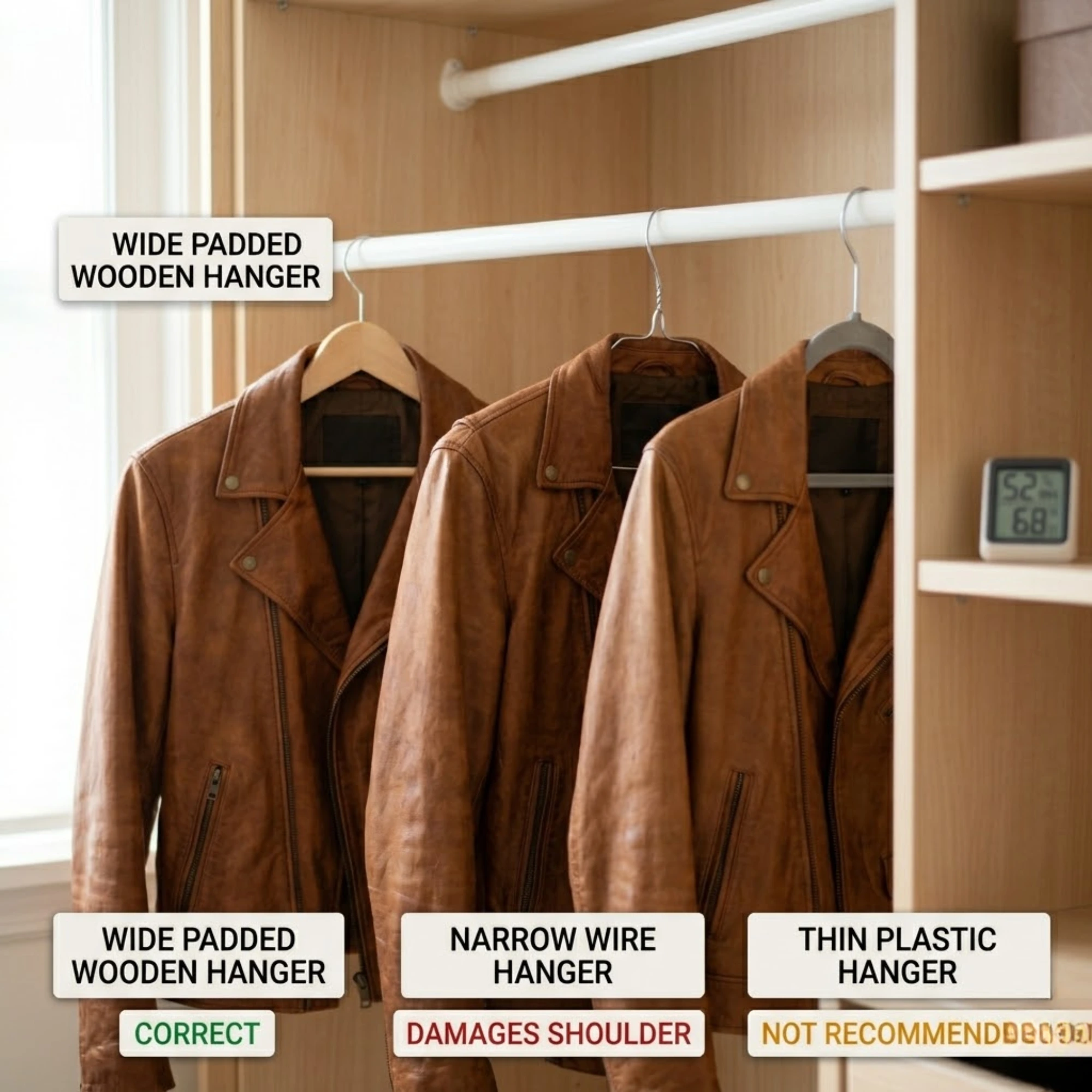 Best hanger for leather jacket storage — SnagLeather care guide Three hanger types for leather jacket storage showing wide padded wooden hanger labeled correct narrow wire hanger labeled damages shoulder and thin plastic hanger labeled not recommended