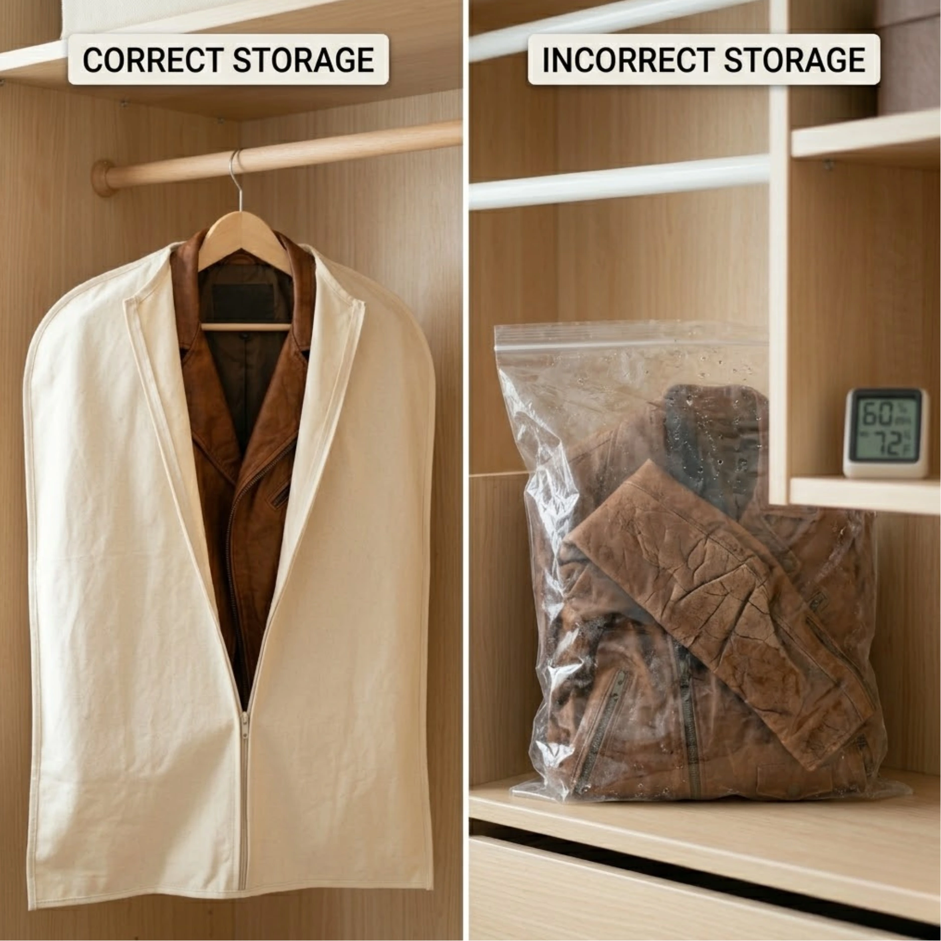 Correct vs incorrect leather jacket storage — SnagLeather care guide Side by side of a brown leather jacket stored correctly on a padded wooden hanger in a cotton garment bag next to a cracked leather jacket stored folded in a plastic bag showing visible damage, how to store a leather jacket
