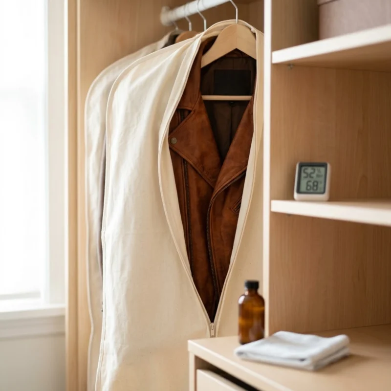 Brown leather jacket hanging on a wide padded wooden hanger inside a cotton garment bag in a clean wardrobe showing the correct long-term storage setup