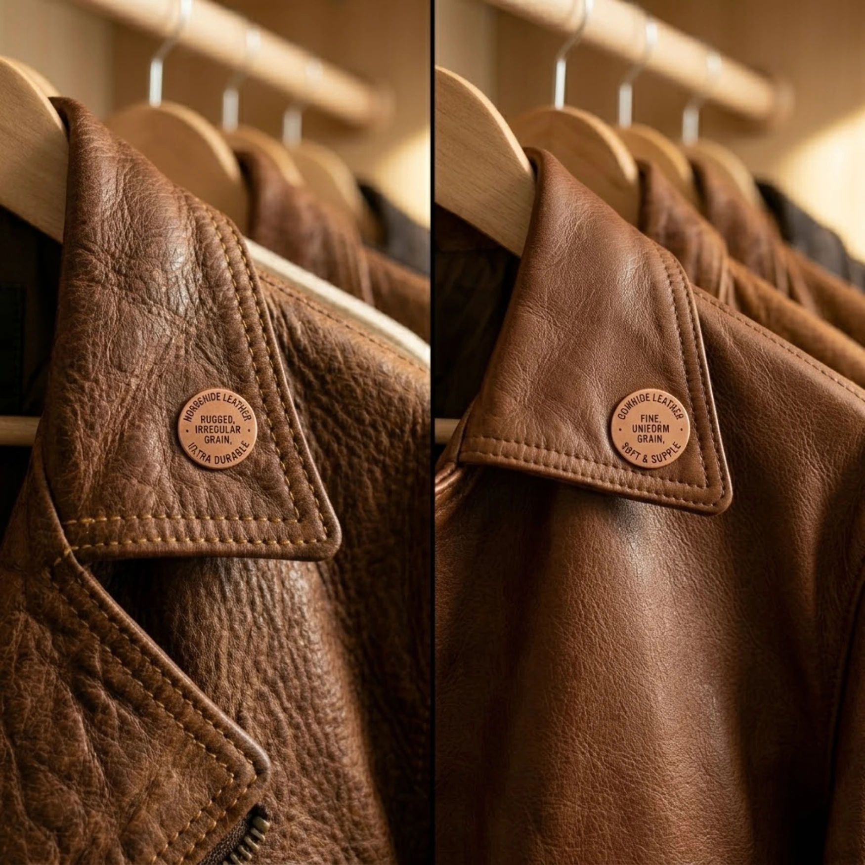 Close-up of horsehide leather jacket surface showing tight grain pattern and waxy vegetable-tanned finish compared to open-grain cowhide, horsehide vs cowhide leather jacket grain comparison