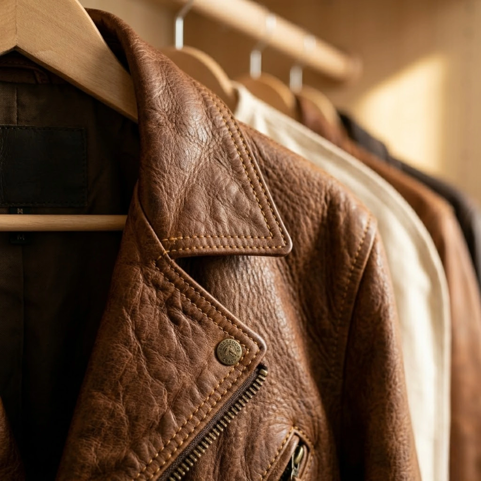 closeup of horsehide leather jacket