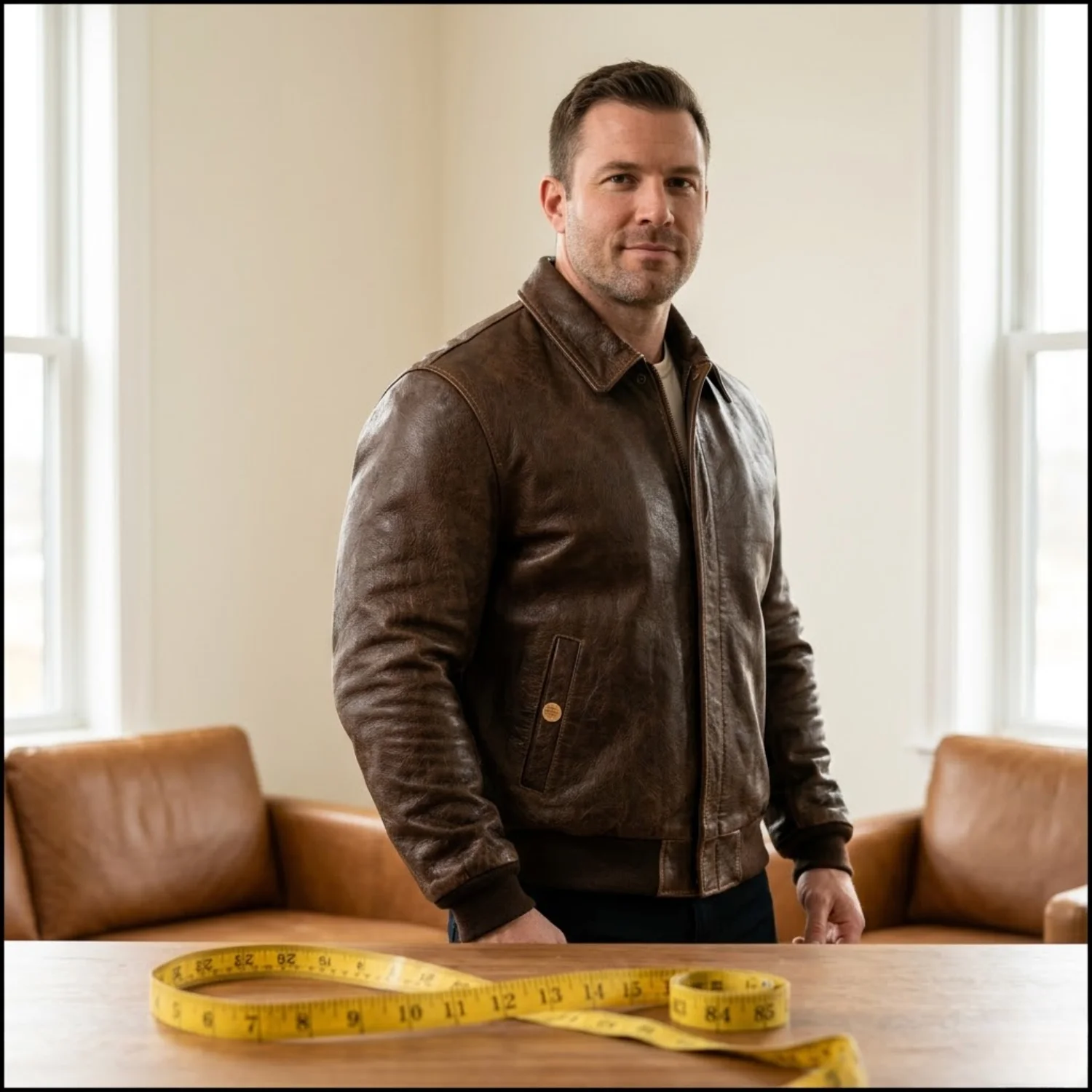 Man with wide shoulders wearing a brown leather bomber jacket showing correct shoulder seam placement and clean body drape with measurement tape visible at shoulder