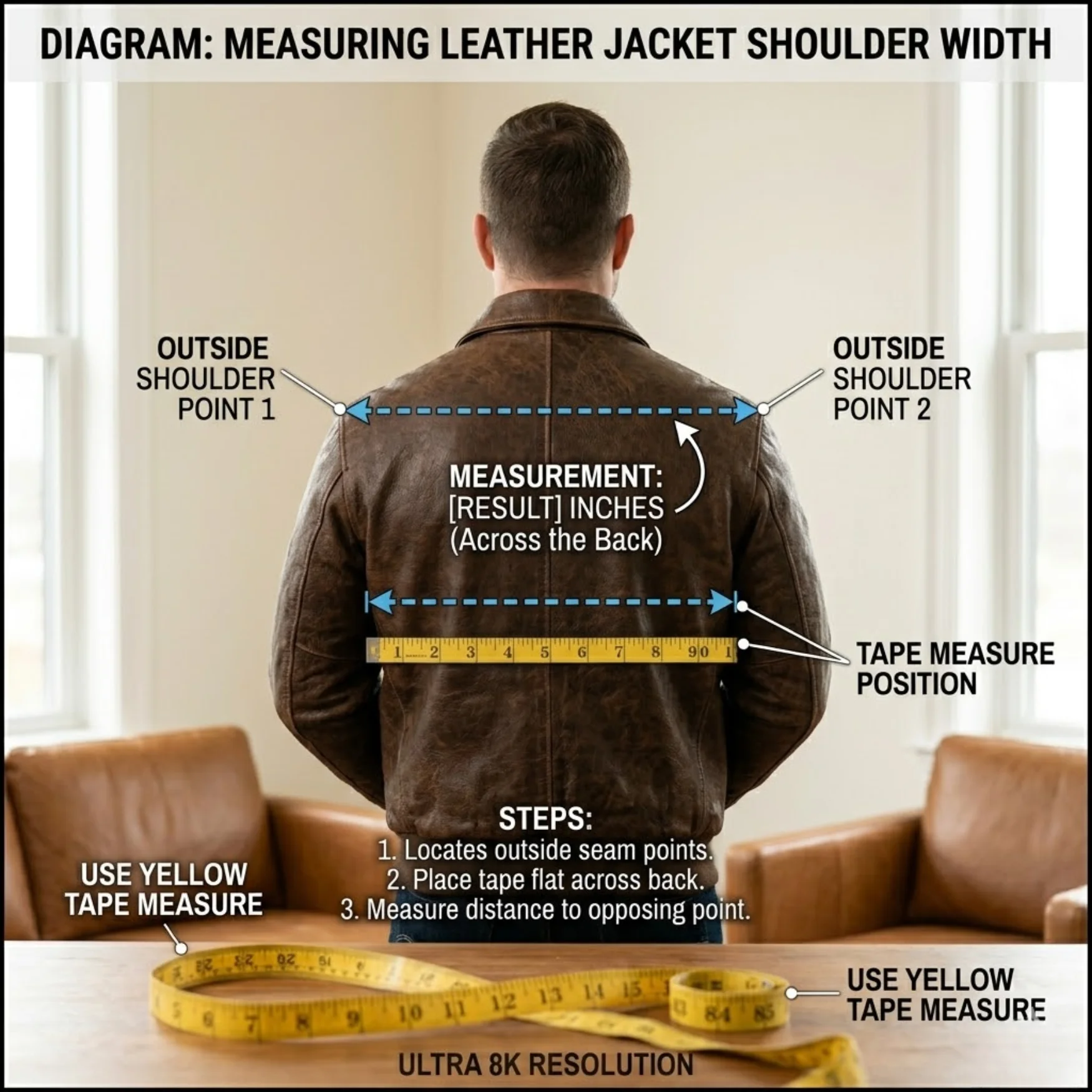 Diagram showing how to measure shoulder width for a leather jacket from outside shoulder point to outside shoulder point across the back with tape measure position illustrated