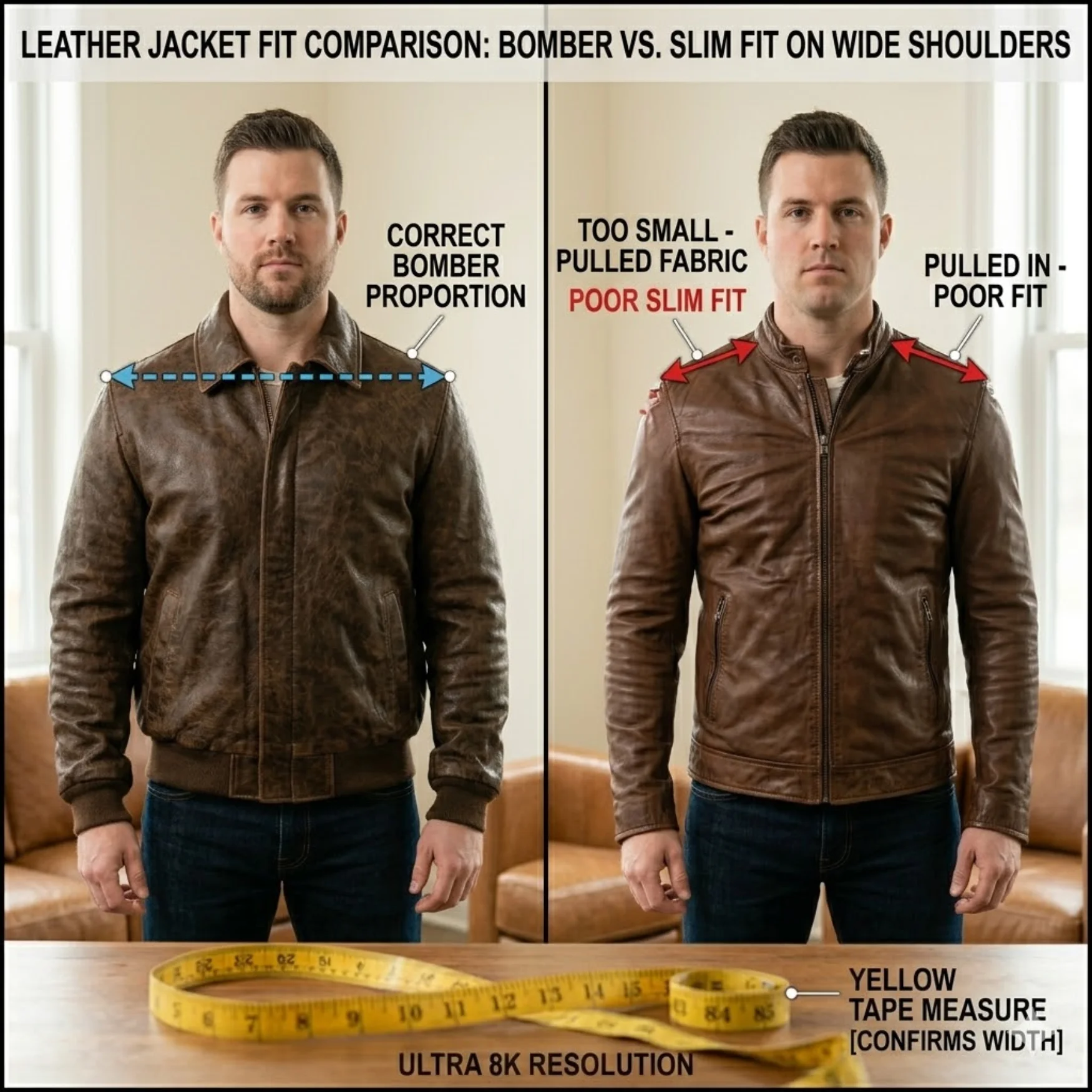 Two men with wide shoulders wearing different leather jacket styles — left in a bomber jacket showing correct proportions, right in a slim café racer showing poor fit and pulled fabric at shoulders
