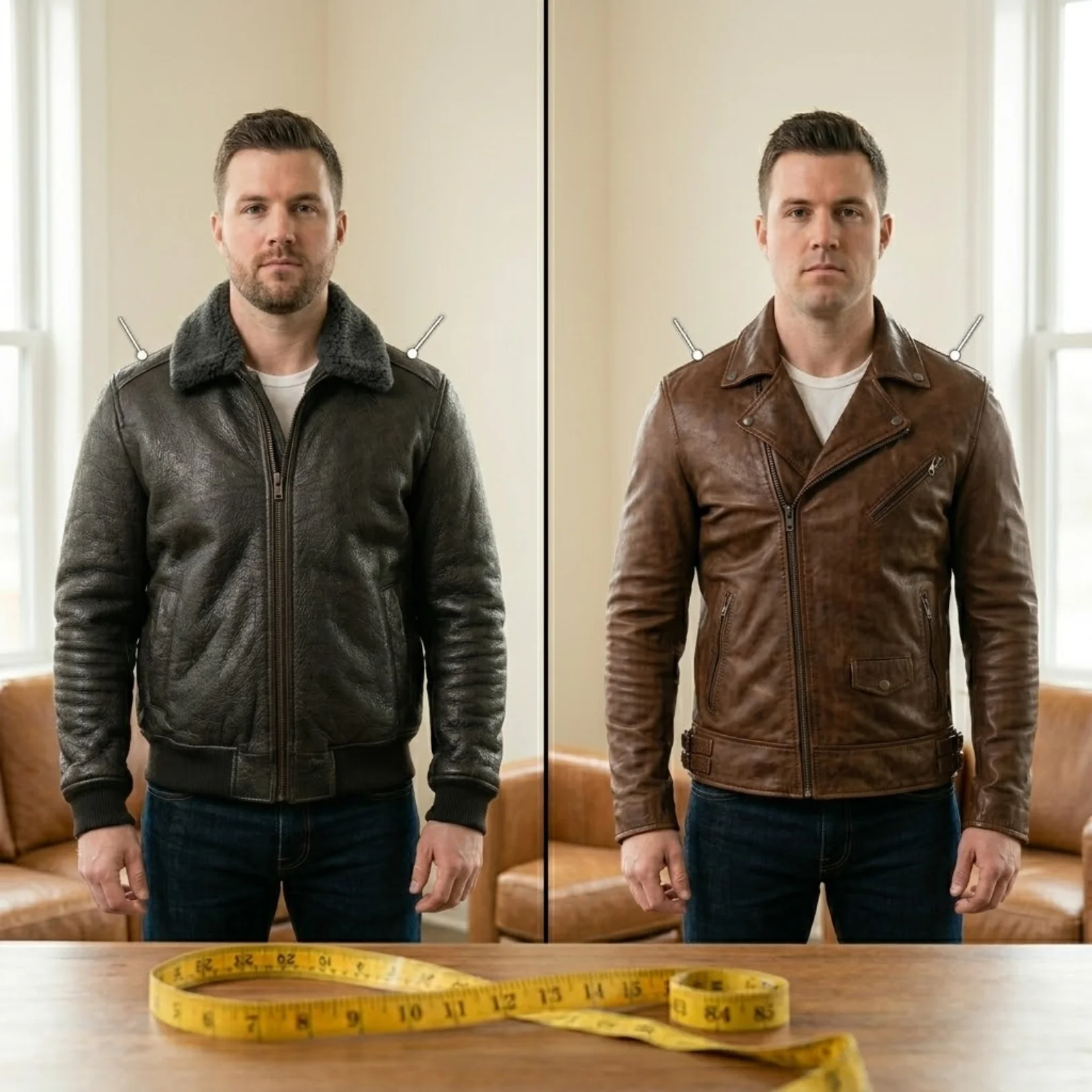 SnagLeather bomber jacket and brown leather biker jacket shown on a wide shoulder build demonstrating correct shoulder seam placement and clean body drape