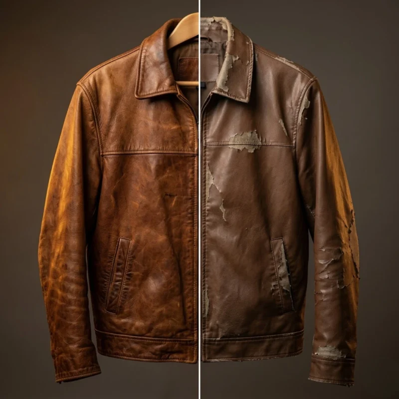 Two leather jackets side by side — a 20-year-old full-grain leather jacket with rich amber patina on the left and a 3-year-old bonded leather jacket showing surface peeling on the right