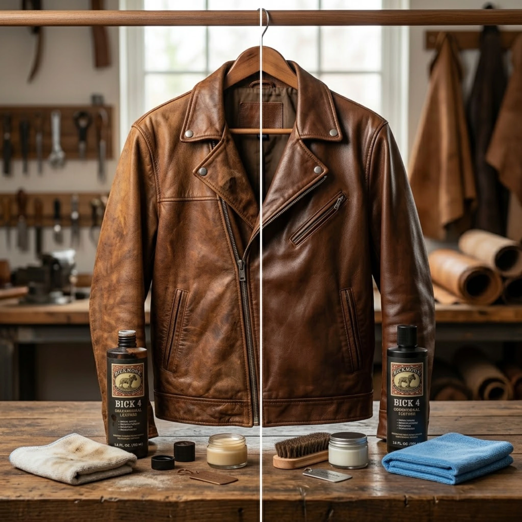 Leather conditioning supplies including Bickmore Bick 4 conditioner microfiber cloth and a full-grain leather jacket on a wooden hanger showing the correct care setup for extending jacket lifespan