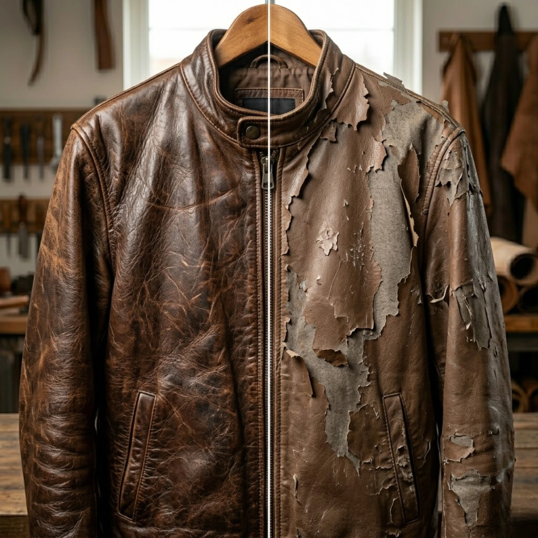 Side by side of a 20-year-old full-grain leather jacket with rich patina next to a 3-year-old bonded leather jacket showing surface peeling and delamination