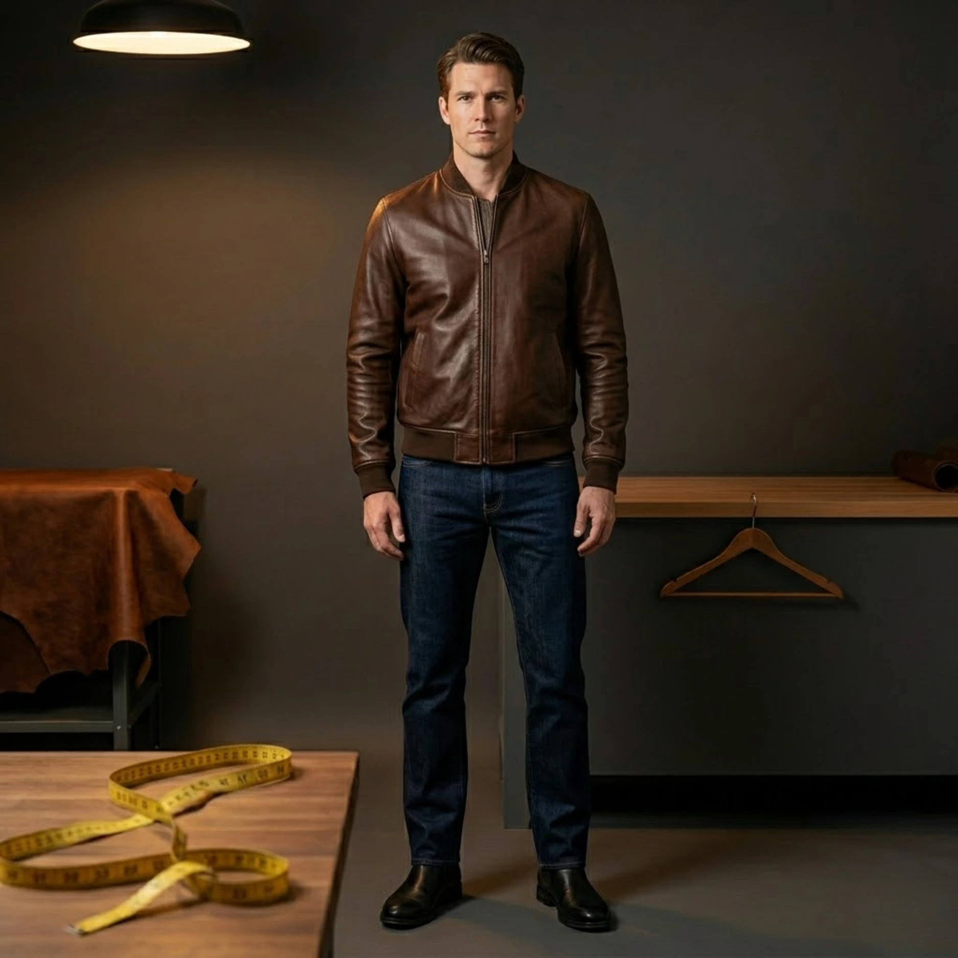 Tall man in a brown leather bomber jacket with straight leg dark denim and Chelsea boots showing the correct full outfit proportion for tall men in leather