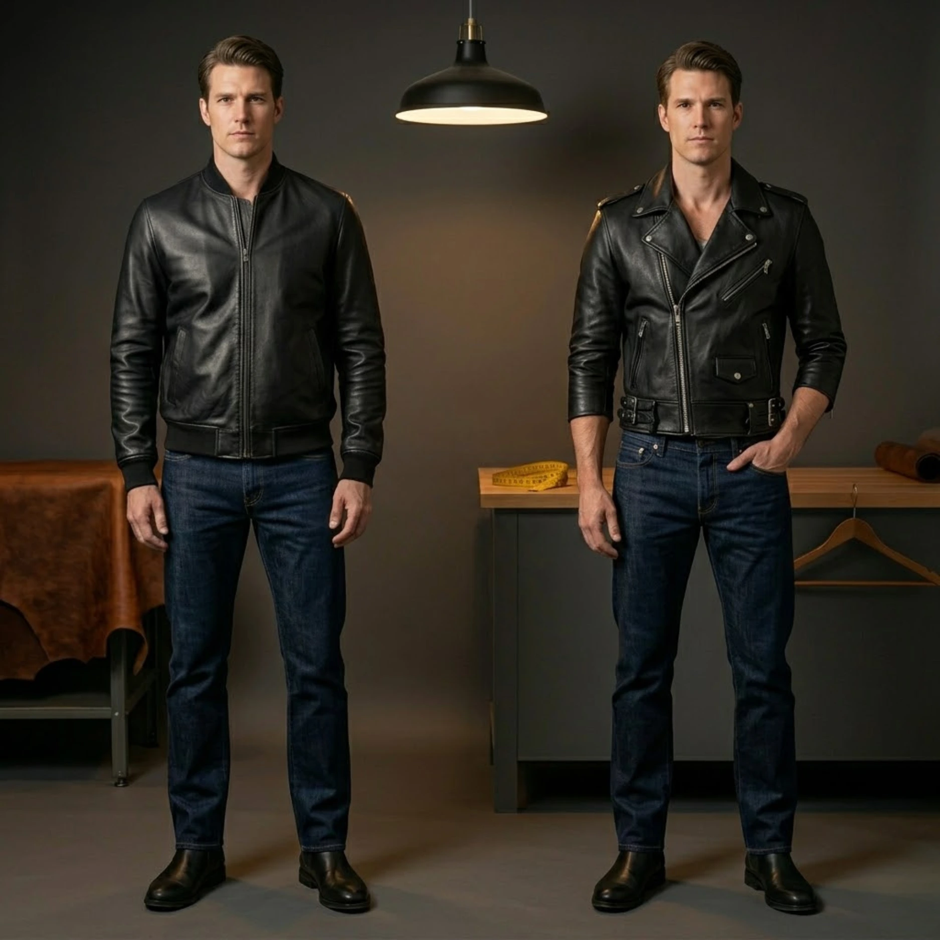 Tall man wearing a correctly fitted black leather bomber jacket next to the same man in a cropped biker jacket showing the proportional difference at the hip and wrist