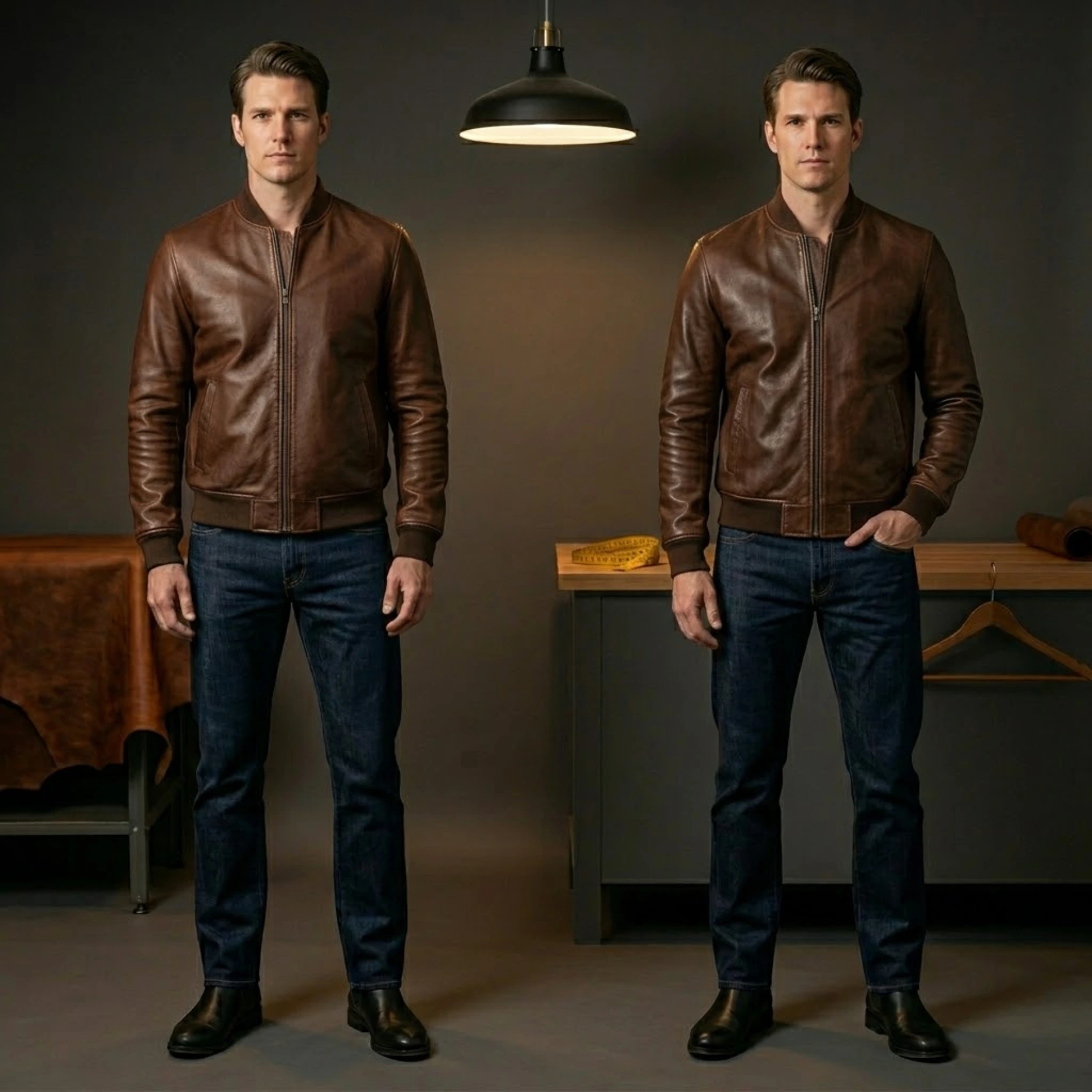 Tall man 6ft 4in wearing a correctly fitted brown leather bomber jacket showing proper hip coverage and full sleeve length to the wrist