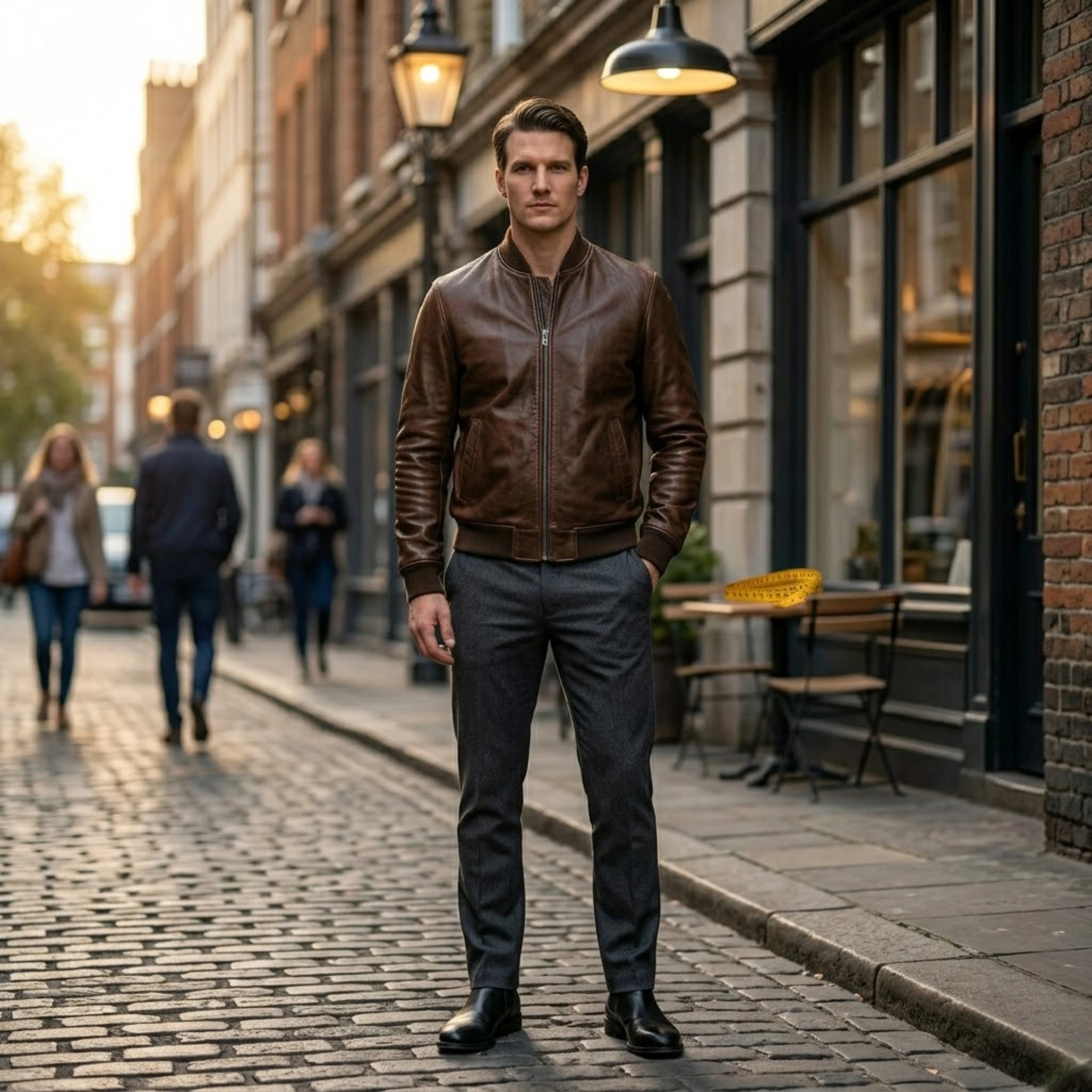 Man wearing a dark brown full-grain leather jacket over smart casual trousers in an urban street setting