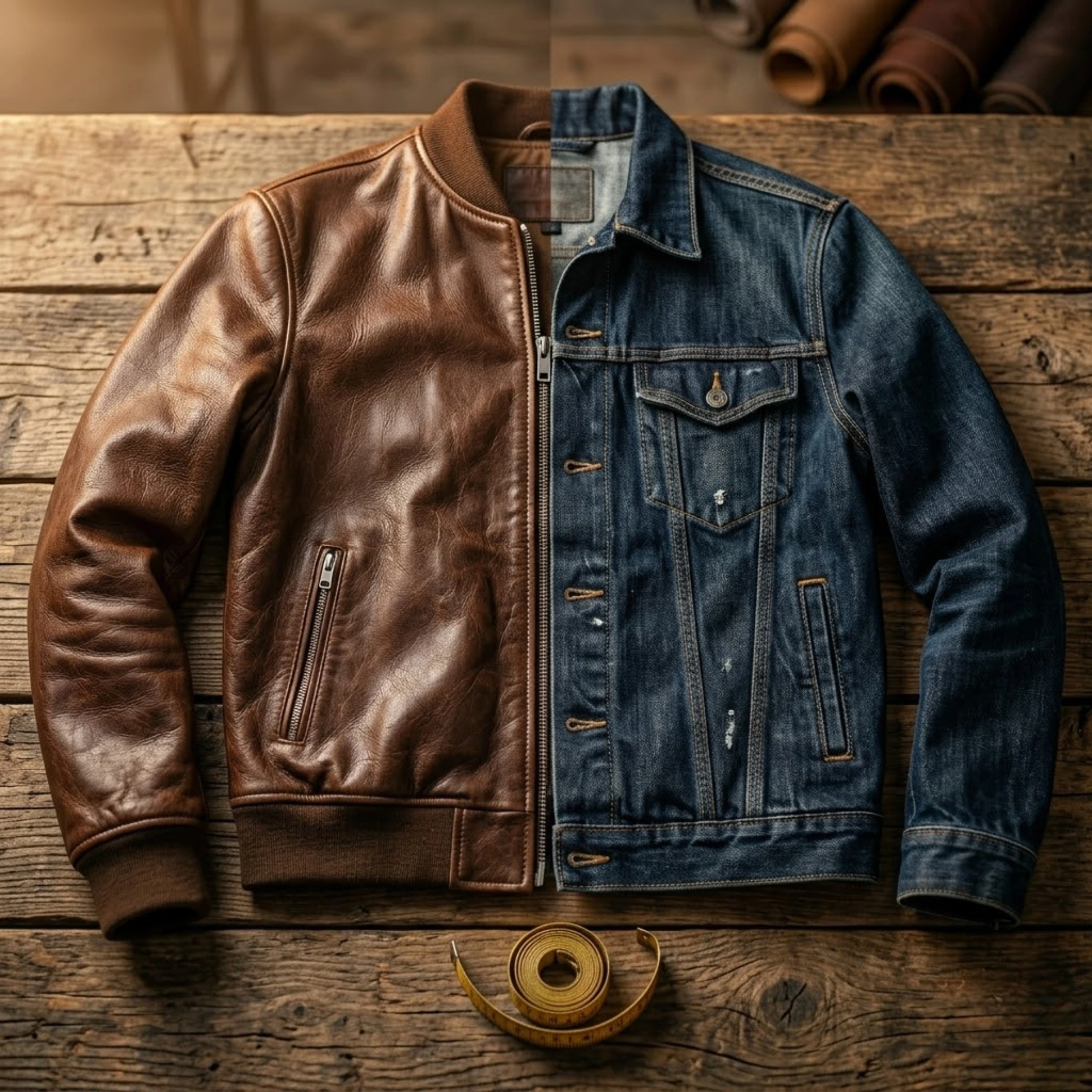 Full-grain leather jacket and denim jacket laid side by side on a rustic wooden surface showing texture contrast