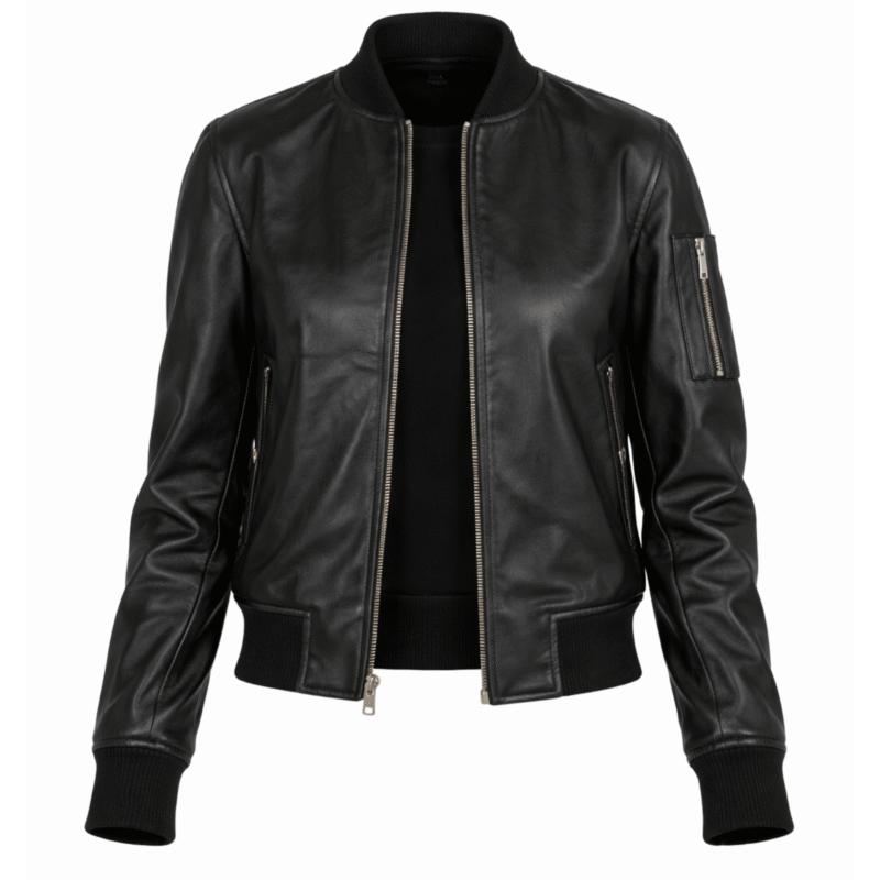 womens black bomber leather jacket