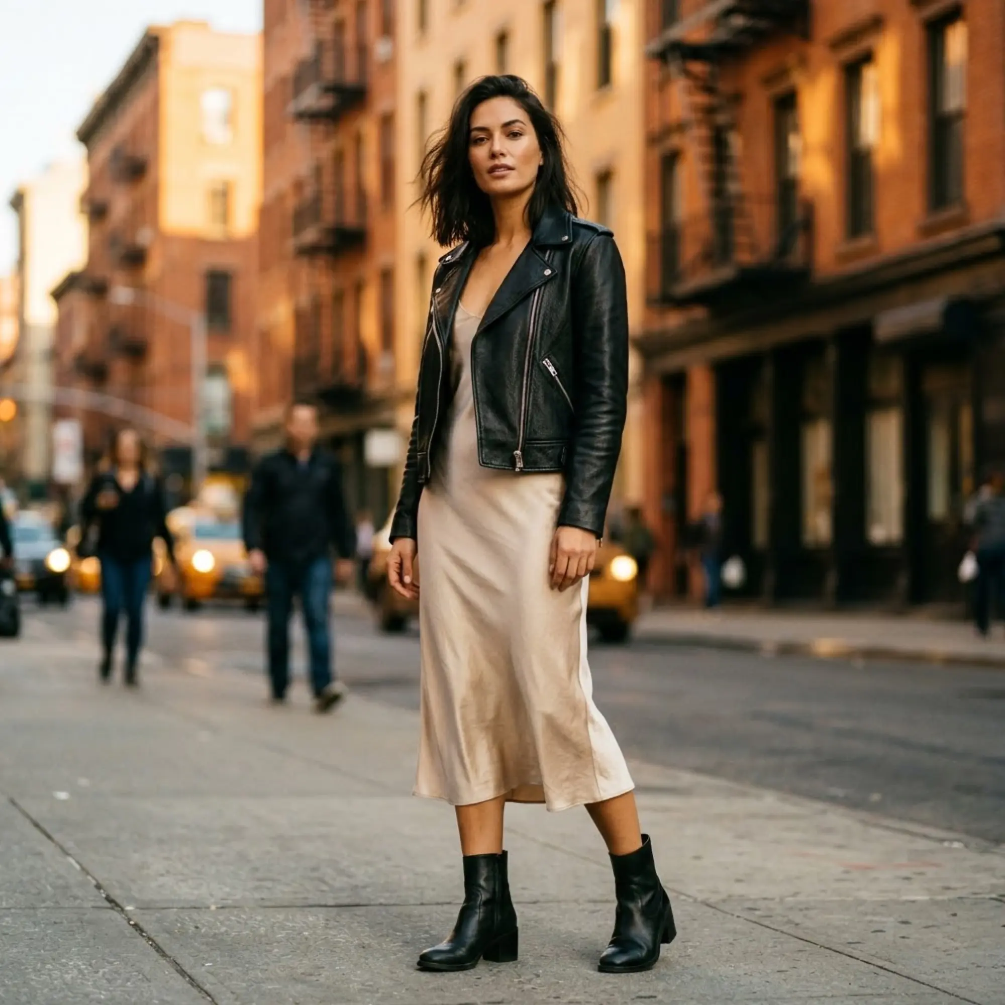 women wearing snag leather jacket at golden hour in new york city street