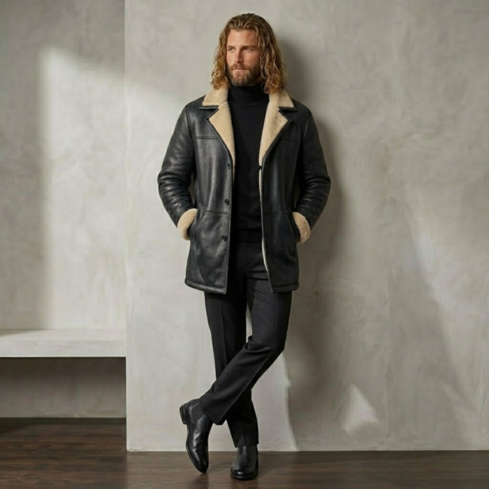 Man wearing Midnight men's black shearling coat from snag leather