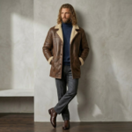 man wearing rancher men's brown shearling leather coat sidepose lean