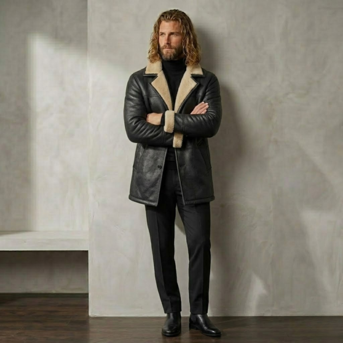 Man wearing Midnight men's black shearling coat from snag leather hands crossed