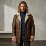 man wearing rancher men's brown shearling leather coat front