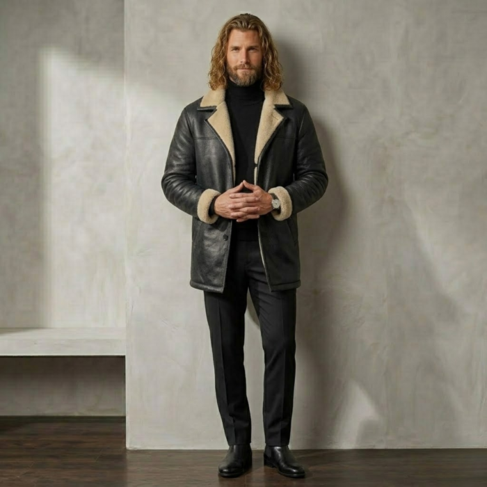 Man wearing Midnight men's black shearling coat from snag leather aesthetic pose