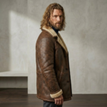 man wearing rancher men's brown shearling leather coat side angle