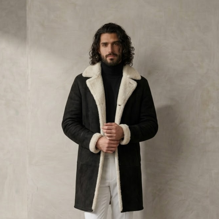 Man wearing Nocturn Men's Black shearling coat by snag leather