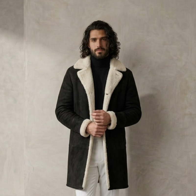 Man wearing Nocturn Men's Black shearling coat by snag leather