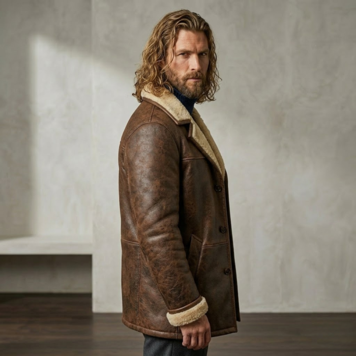 man wearing rancher men's brown shearling leather coat side angle