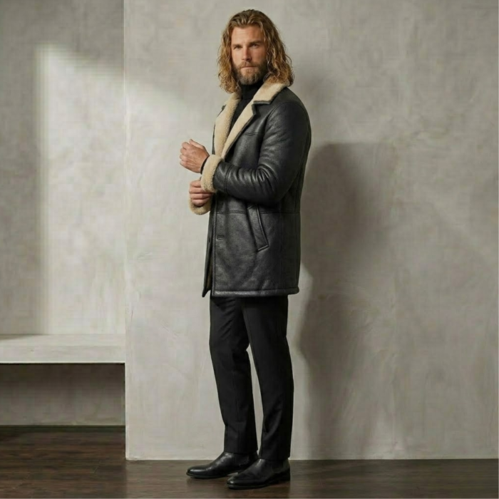 Man wearing Midnight men's black shearling coat from snag leather side pose