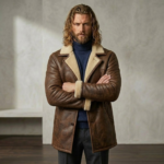 man wearing rancher men's brown shearling leather coat front hands crossed