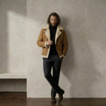 Man wearing Falcon Men's Tan Shearling Jacket By snag leather
