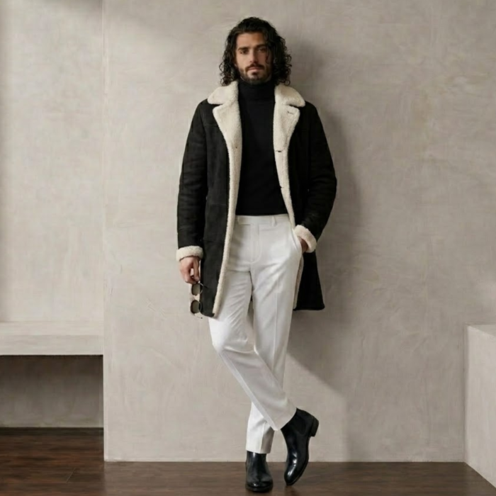 Man wearing Nocturn Men's Black shearling coat by snag leather