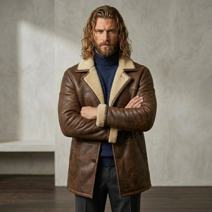 man wearing rancher men's brown shearling leather coat front hands crossed