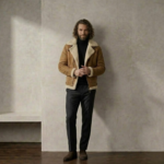 Man wearing Falcon Men's Tan Shearling Jacket By snag leather